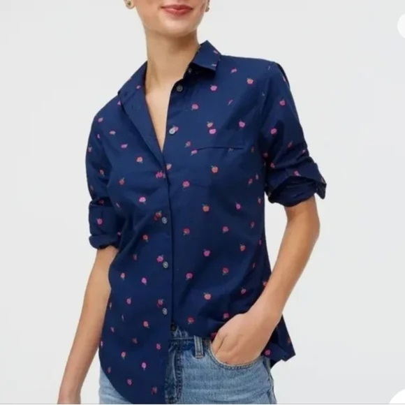 J.Crew - Apple Print Navy Poplin Button Down Long Sleeve Blouse Size Small - Picture 1 of 10